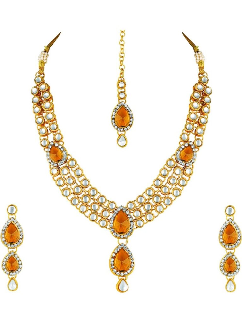 Elegant Kundan Long Necklace Set with Earrings & Maang for Bharatanatyam Dance